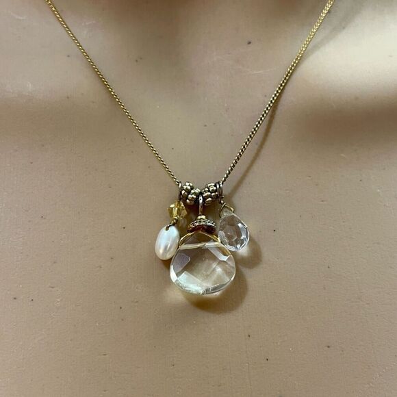 Handmade Teardrop Quartz Necklace Gold Tone Chain Cultured Pearl Rhinestone 20in - Picture 10 of 13